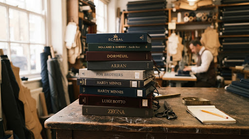 A stack of mill swatch books from Scabal, Holland & Sherry, Dormeuil and Zegna
