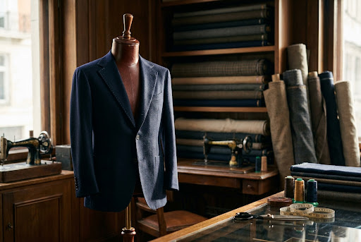 A navy single-breasted blazer on a mannequin beside shelves of cloth