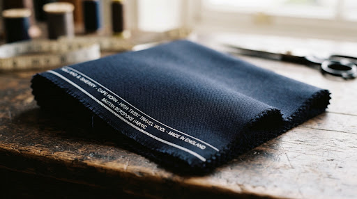 Folded navy wool cloth showing its printed selvedge