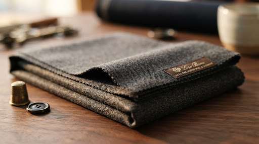 Folded grey camel and vicuña cloth with a small mill label