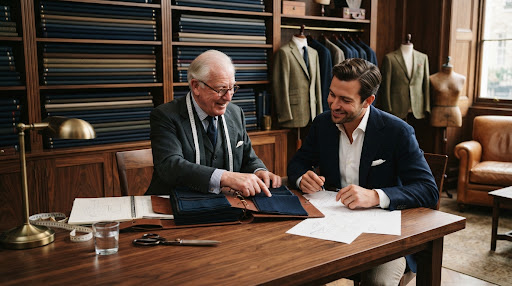 A tailor and a client choosing cloth together at a table in the salon