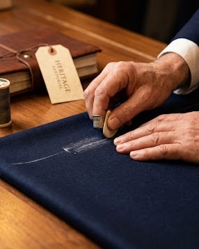 A tailor’s hands chalk-marking a pattern onto navy cloth