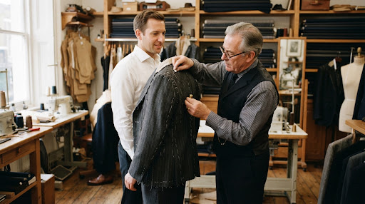 A tailor adjusting a basted jacket on a client during a fitting