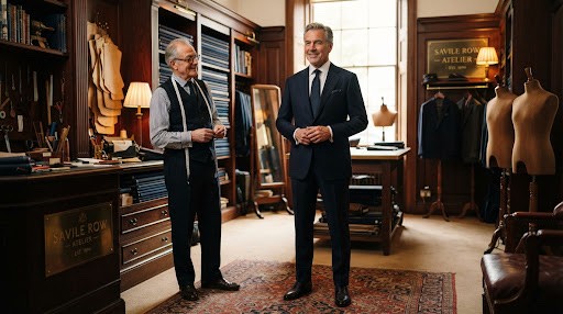 A client in a midnight navy three-piece suit beside his tailor in the atelier