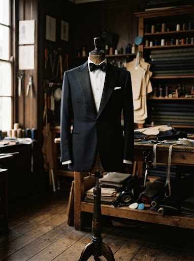A black tuxedo with satin lapels on a mannequin in the workshop